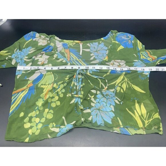 Free People Green Floral Mesh Sheer Piece of Paradise Bell Sleeves Blouse Top S - Picture 7 of 10